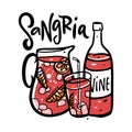 Sangria hand drawn vector lettering and illustration. Spanish Cocktail. Jug with drink, bottle and glass. Isolated on white