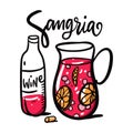 Sangria hand drawn vector lettering and illustration. Spanish Cocktail. Jug with drink and wine bottle. Isolated on white