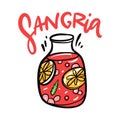 Sangria with jar hand drawn vector lettering and illustration. Spanish Cocktail Royalty Free Stock Photo