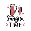 Sangria Time quote with bottle, glass and orange fruits. Traditional spanish beverage.