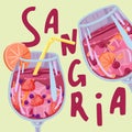 Sangria. Wine glasses clink glasses. Drink labeled. Vector illustration