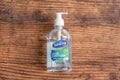 Sanione branded bottle of hand sanitizer with antibacterial aloe vera and in a recyclable plastic bottle dispenser