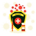 Sanitarian illustration with shield, syringe, medical injection bottle and coronavirus