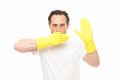 Sanitary area. Cleaning service and household duty. Man in gloves. Cleaning day today. Hygienic requirements