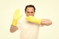 Sanitary area. Cleaning service and household duty. Man in gloves. Cleaning day today. Hygienic requirements