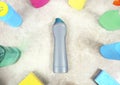 Sanitary,detergent bottle top view.Group of household products,desinfectants