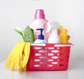 Sanitary,detergent bottles and sponges closeup.Group of household products.Domestic disinfectant. Housekeeping items