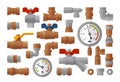 Sanitary engineering, plumbing equipment set icons. Manometer pressure, meter, industry, fittings, water supply concept