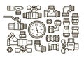 Sanitary engineering, plumbing set icons. Water supply, heating concept. Vector illustration Royalty Free Stock Photo