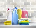 Sanitary items,cleaners.Colorful plastic sanitizing bottles.Desinfectants