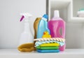 Sanitary items,cleaners.Colorful plastic sanitizing bottles.Desinfectants