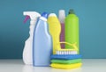 Sanitary items,cleaners.Colorful plastic sanitizing bottles.Desinfectants