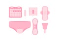 Sanitary napkin, women menstrual pad, calendar, tampon, reusable pad, menstrual cup underpants icon vector set isolated Royalty Free Stock Photo