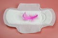 Sanitary pad, pen on pink. Personal hygiene, the concept of feminine hygiene. Critical days, blood period, menstrual cycle