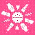 Sanitary pads, tampons and menstrual cup for personal sanitation. Vector illustration of feminine hygiene products for menstruatio