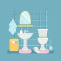 Sanitary room with sink, toilette, towels vector illustration