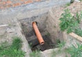 Sanitary Sewer Pipe in the House Foundation Wall. Sewer pipe in dirt hole during house sewer system construction Royalty Free Stock Photo