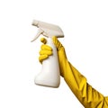 Sanitation Image: Hand Wearing Yellow Gloves Holding Spray Bottle, Isolated Royalty Free Stock Photo