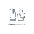 Sanitation objects set, cleaning equipment items and services, line icons