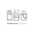 Sanitation objects set, cleaning equipment items and services, line icons