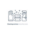 Sanitation objects set, cleaning equipment items and services, line icons