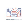 Sanitation objects set, cleaning equipment items and services, line icons