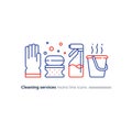 Sanitation objects set, cleaning equipment items and services, line icons