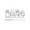 Sanitation objects set, cleaning equipment items and services, line icons