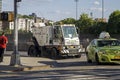 Sanitation truck cleaning street along Yankee Stadium Bronx NY