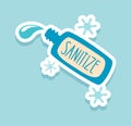 Sanitize. Corona virus sticker. Doodle Covid-19 prevention badge. Bottle with antiseptic for disinfection of hands and