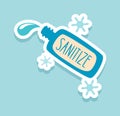 Sanitize. Corona virus sticker. Doodle Covid-19 prevention badge. Bottle with antiseptic for disinfection of hands and surfaces,