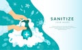 Sanitize hand gel. Antibacterial and disinfect soap, alcohol in bottle with pump, symbol of health care. Safety from