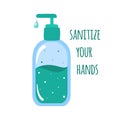 Sanitize your hands poster. Disinfectant bottle in flat style. Preventing the spread of Covid-19. Vector illustration