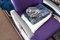 Sanitized and sealed wool blanket in plastic bag provided to passengers to keep warm and comfortable during flight Royalty Free Stock Photo