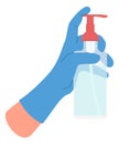 Sanitizer bottle in medical hand. Disenfection infographic