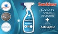 Sanitizer for hands and surfaces spray dispenser. Ads antiseptic in container. Best protection against viruses. Covid-19 spread