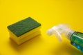 Sanitizing supplies on yellow background Royalty Free Stock Photo