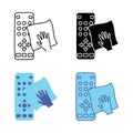 Sanitizing of TV remote. Cleaning remote control, outline, glyph, and color blue vector icon. Disinfection of TV clicker using