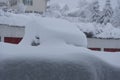 Sankt Gallen, Switzerland - January 15, 2021: Heavy snowfall in Sankt Gallen - Snow-covered roads and meadows