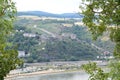 Sankt Goar, Germany - 08 04 2022: castle ruin Rheinfels above the Rhine and a harbor