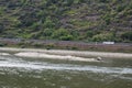 Sankt Goar, Germany - 08 04 2022: Reef in the Rhine, bus on the road showing the izes