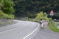 road around Loreley rock with warning sign