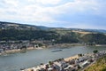 Sankt Goarshausen, Germany - 08 04 2022: View across Sankt Goar, the Rhine, Sanktgoashausen and castle Rheinfels