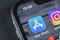 Apple store application icon on Apple iPhone X smartphone screen close-up. Mobile application icon of app store. Social network. A Royalty Free Stock Photo