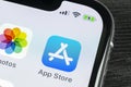 Apple store application icon on Apple iPhone X smartphone screen close-up. Mobile application icon of app store. Social network. Royalty Free Stock Photo