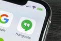 Google Hangouts application icon on Apple iPhone X smartphone screen close-up. Google hangouts app icon. Social network. Social Royalty Free Stock Photo