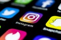 Instagram application icon on Apple iPhone X smartphone screen close-up. Instagram app icon. Social media icon. Social network