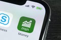 Microsoft MSN money application icon on Apple iPhone X smartphone screen close-up. Microsoft msn money app icon. Social network.