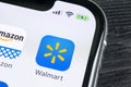 Walmart application icon on Apple iPhone X screen close-up. Walmart app icon. Walmart.com is multinational retailing corporation