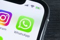 Whatsapp messenger application icon on Apple iPhone X smartphone screen close-up. Whatsapp messenger app icon. Social media icon. Royalty Free Stock Photo